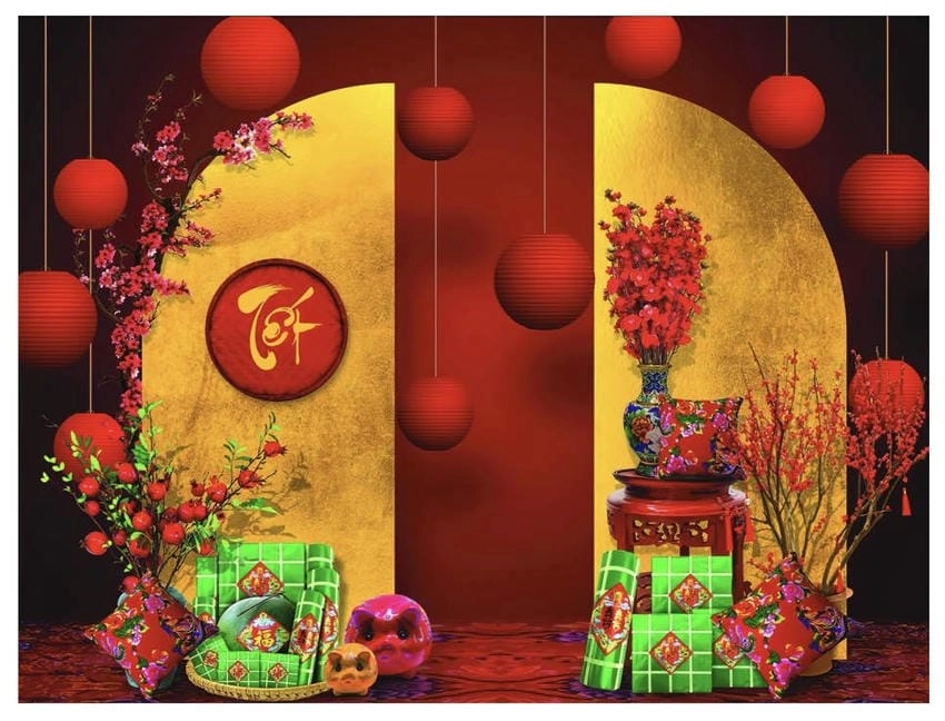 Background chụp hình tết màu vàng ấm áp và tươi vui