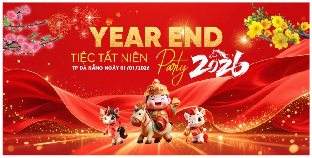 Background tiệc tất niên hiện đại mang sắc xuân mới